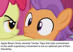 Size: 797x572 | Tagged: safe, derpibooru import, edit, edited screencap, screencap, apple bloom, tender taps, earth pony, pony, on your marks, caption, colt, duo, female, filly, image macro, male, out of character, ponestrip, racism, text