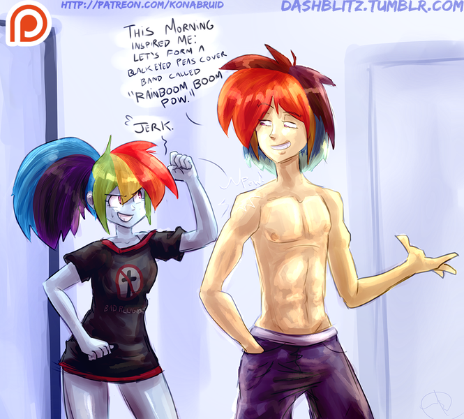 Size: 1000x902 | Tagged: suggestive, artist:manic-the-lad, derpibooru import, rainbow dash, equestria girls, a dash of everything, abs, bad religion, bottomless, clothes, dash blitz, double rainbow, flirting, humanized, morning after, patreon, patreon logo, pun, punch, rainbow blitz, rule 63, topless