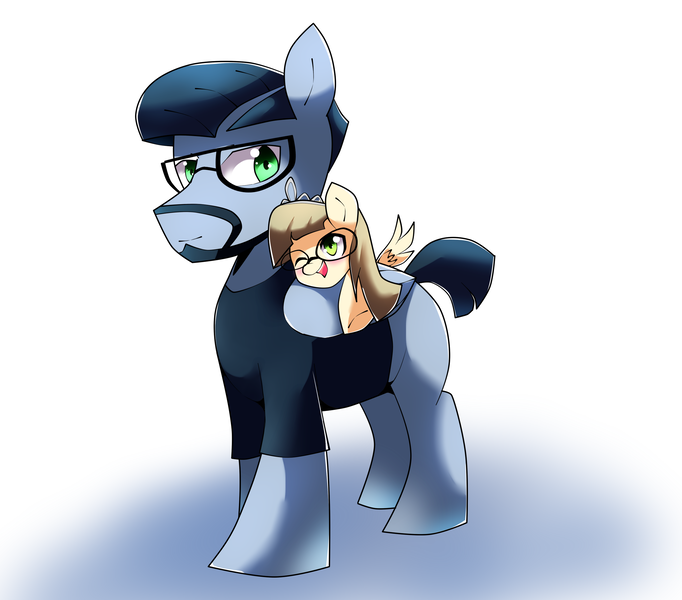 Size: 2500x2200 | Tagged: safe, artist:papibabidi, derpibooru import, nightjar, zippoorwhill, pegasus, pony, father and daughter, glasses, piggyback ride, ponies riding ponies