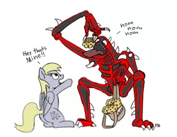 Size: 1280x988 | Tagged: safe, artist:pabbley, derpibooru import, derpy hooves, pegasus, pony, carnage, crossover, dialogue, eating, female, food, mare, muffin, spider-man