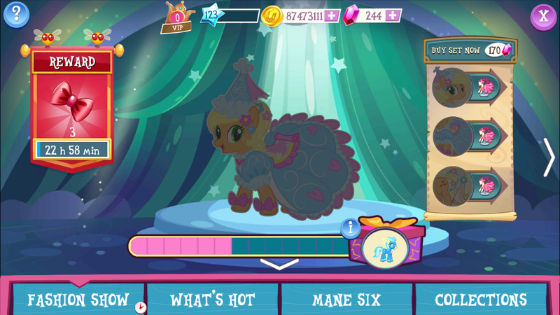 Size: 1280x720 | Tagged: applejack, clothes, crack is cheaper, derpibooru import, dress, froufrou glittery lacy outfit, gameloft, hennin, safe, vip, why gameloft why