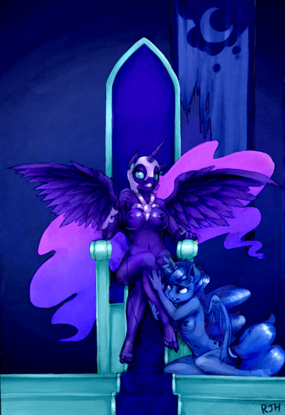 Size: 540x787 | Tagged: anthro, artist:rockyhardwood, barefoot, bedroom eyes, derpibooru import, domination, feet, female, femdom, grin, leash, lesbian, lunamoon, lunasub, mooncest, nightmare moon, nipples, nudity, plantigrade anthro, princess luna, questionable, s1 luna, selfcest, self ponidox, shipping, sitting, smiling, spread wings, stupid sexy nightmare moon, throne, traditional art