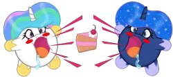 Size: 4432x1976 | Tagged: artist:cuddlelamb, blushing, blush sticker, cake, derpibooru import, food, kirby, kirby celestia, kirby (character), kirbyfied, kirby luna, princess celestia, princess luna, safe, simple background, species swap, transparent background