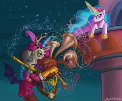 Size: 2168x1808 | Tagged: safe, artist:arimovergremrider, derpibooru import, discord, princess celestia, annoyed, bagpipes, bags under eyes, bard, cacophony, cross-popping veins, dislestia, female, glowing horn, male, music, noise, serenade, shipping, smirk, straight, the scream