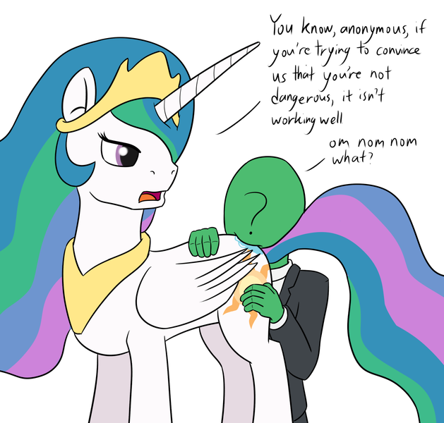 Size: 1280x1221 | Tagged: suggestive, artist:mkogwheel, derpibooru import, princess celestia, oc, oc:anon, oc:anonymous, 4chan, biting, butt bite, butt nom, clothes, colored, dark comedy, duo, female, frown, glare, majestic as fuck, nom, omnivore, open mouth, silly, simple background, suit, unamused, wat, white background