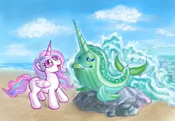 Size: 953x661 | Tagged: artist:arimovergremrider, derpibooru import, narwhal, princess celestia, safe, splash, water, younger