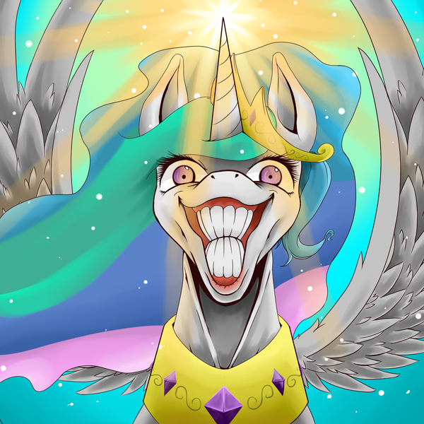 Size: 1500x1500 | Tagged: safe, artist:aerostoner, derpibooru import, princess celestia, alicorn, pony, bust, creepy, crepuscular rays, dimples, faic, female, flehmen response, glowing horn, grin, hoers, horses doing horse things, imminent death, jesus christ how horrifying, looking at you, mare, nightmare fuel, nope, slasher smile, smiling, solo, spread wings, sun, toothy grin, wat, where is your god now?, wide eyes