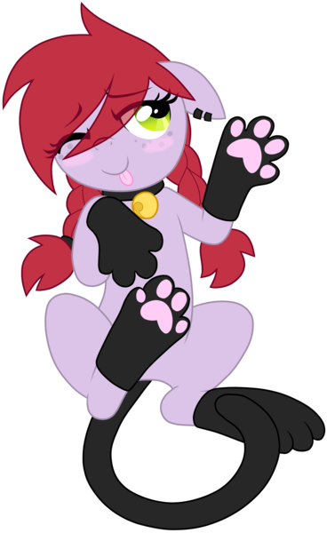 Size: 3020x4925 | Tagged: suggestive, artist:wingedwolf94, deleted from derpibooru, derpibooru import, oc, oc:crab apple, unofficial characters only, cat, bell, bell collar, blushing, clothes, collar, costume, on back, one eye closed, paw gloves, paw prints, piercing, simple background, socks, solo, tongue out, transparent background, wink