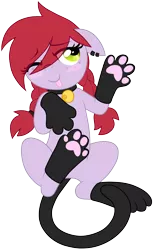 Size: 3020x4925 | Tagged: suggestive, artist:wingedwolf94, deleted from derpibooru, derpibooru import, oc, oc:crab apple, unofficial characters only, cat, bell, bell collar, blushing, clothes, collar, costume, on back, one eye closed, paw gloves, paw prints, piercing, simple background, socks, solo, tongue out, transparent background, wink