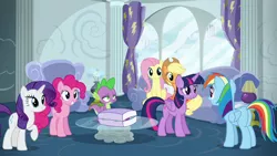 Size: 1280x720 | Tagged: safe, derpibooru import, screencap, applejack, fluttershy, pinkie pie, rainbow dash, rarity, spike, twilight sparkle, twilight sparkle (alicorn), alicorn, pony, newbie dash, discovery family logo, female, interior, living room, mane seven, mane six, mare, rainbow dash's house