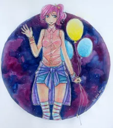 Size: 920x1039 | Tagged: safe, artist:willywonka2703, derpibooru import, pinkie pie, human, alternate hairstyle, balloon, clothes, humanized, ponytail, shirt, shorts, socks, solo, sweater around waist, traditional art