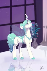 Size: 3087x4673 | Tagged: artist:vindhov, changeling, changeling hybrid, changeling oc, changepony, derpibooru import, female, hybrid, insect wings, magical lesbian spawn, mare, next generation, oc, oc:princess iridescence, offspring, pandoraverse, parent:princess celestia, parent:queen chrysalis, parents:chryslestia, safe, signature, solo, transparent wings, unofficial characters only