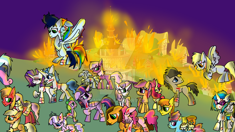 Size: 1024x576 | Tagged: semi-grimdark, artist:rai2n, derpibooru import, apple bloom, applejack, big macintosh, bon bon, carrot cake, cheerilee, cheese sandwich, cup cake, derpy hooves, diamond tiara, doctor whooves, fancypants, fluttershy, lyra heartstrings, octavia melody, pinkie pie, pound cake, pumpkin cake, rainbow dash, rarity, scootaloo, silver spoon, soarin', spike, sweetie belle, sweetie drops, time turner, twilight sparkle, twilight sparkle (alicorn), vinyl scratch, alicorn, pony, alternate hairstyle, bad end, bandage, bleeding, blood, cake twins, carrying, crying, cut, cutie mark crusaders, dirt, dirty, eyes closed, fire, mane seven, mane six, messy, messy mane, night, nuzzling, offscreen character, ponies riding ponies, ponyville, sad, scratches, the implications are horrible, watermark