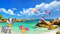 Size: 3500x2000 | Tagged: safe, artist:whynotscenery, derpibooru import, fluttershy, rainbow dash, scootaloo, sonata dusk, twilight sparkle, twilight sparkle (alicorn), zecora, zebra, equestria girls, beach, cloud, equestria girls in real life, floating, irl, ocean, photo, pointing, ponies in real life, rock, sitting, vector