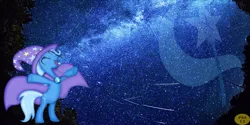 Size: 2560x1280 | Tagged: safe, artist:pablomen13, derpibooru import, trixie, pony, unicorn, cape, clothes, cutie mark, eyes closed, female, mare, meteor shower, shooting star, signature, sky, space, stars, trixie's hat, upright, vector, wallpaper