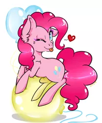 Size: 900x1080 | Tagged: safe, artist:amberony, derpibooru import, pinkie pie, earth pony, ;p, balloon, balloon sitting, cute, diapinkes, ear fluff, female, floating heart, floppy ears, heart, looking at you, makeup, mare, one eye closed, solo, tongue out, wingding eyes, wink