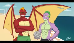 Size: 1600x931 | Tagged: abs, adult, adult spike, anthro, anthro dragon, artist:comeththehour, bare chest, beach, clothes, derpibooru import, dragon, garble, male, muscles, older, safe, sexy, spike, swimsuit, topless, volleyball, wings