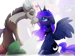 Size: 2700x2020 | Tagged: safe, artist:elementalokami, derpibooru import, discord, princess luna, blushing, eyes closed, female, heart, lunacord, male, shipping, straight, wingboner, zoom layer