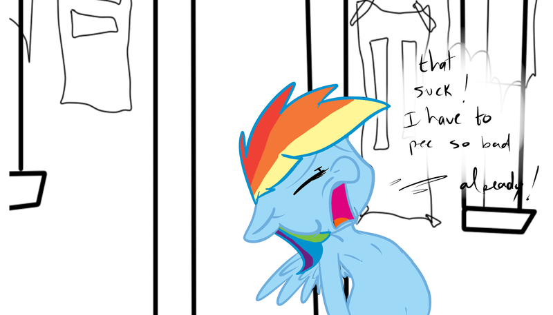 Size: 2480x1417 | Tagged: artist:theponybox696, colored, color edit, comic:the cutie pee, derpibooru import, desperation, edit, engrish, need to pee, omorashi, potty dance, potty emergency, potty time, rainbow dash, safe, solo, the cutie map, trotting in place