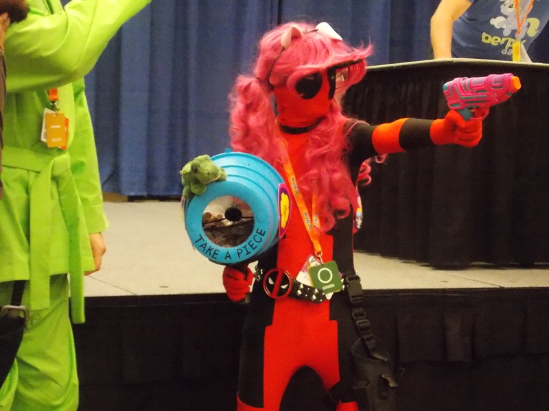 Size: 4608x3456 | Tagged: bronycon, bronycon 2016, clothes, cosplay, costume, deadpool, derpibooru import, gun, human, irl, irl human, party cannon, photo, pinkie pie, pinkiepool, safe, solo, weapon