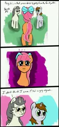 Size: 3280x7088 | Tagged: artist needed, safe, derpibooru import, oc, oc:littlepip, oc:peachy, oc:short fuse, unofficial characters only, earth pony, pony, unicorn, fallout equestria, fanfic, pony town, blushing, comic, fanfic art, female, horn, male, mare, stallion, trap