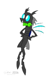 Size: 2231x3191 | Tagged: artist:derpanater, bowtie, changeling, clothes, cute, derpibooru import, floating, flying, happy, oc, oc:bowtie, safe, smiling, solo, unofficial characters only