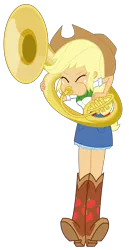 Size: 2600x5050 | Tagged: safe, artist:discorded-joker, derpibooru import, applejack, equestria girls, blowing, boots, clothes, cowboy boots, cowboy hat, cowgirl, denim skirt, eyes closed, facing the wrong way, hat, musical instrument, playing, playing instrument, shoes, simple background, skirt, solo, sousaphone, stetson, transparent background, trying hard, tuba, vector