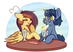 Size: 3279x2332 | Tagged: artist:ruef, blushing, derpibooru import, food, french fries, hay, hay fries, milkshake, oc, oc:b.b., oc:lessi, safe, unofficial characters only