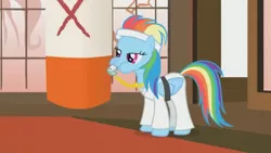 Size: 960x540 | Tagged: safe, derpibooru import, screencap, rainbow dash, pony, call of the cutie, black belt, blowing, clothes, coach, coach rainbow dash, dojo, gi, headband, karate, lidded eyes, martial arts, ponyville dojo, puffy cheeks, rainblow dash, rainbow dashs coaching whistle, robe, training, training montage, trousers, whistle, whistle necklace