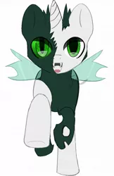 Size: 830x1280 | Tagged: safe, artist:samanthaleona, derpibooru import, oc, oc:tounicoon, unofficial characters only, changeling, hybrid, pony, unicorn, changeling oc, cute, cuteling, running, simple background, smiling, solo, white background, young