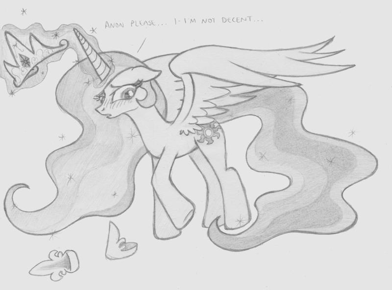 Size: 1182x875 | Tagged: safe, artist:lockerobster, derpibooru import, princess celestia, oc, oc:anon, alicorn, pony, blushing, crown, dressing, embarrassed, female, floppy ears, gray background, hoof shoes, jewelry, levitation, lidded eyes, looking away, looking down, magic, mare, missing accessory, monochrome, nudity, offscreen character, raised hoof, regalia, shy, simple background, solo, sparkles, spread wings, telekinesis, tiara, underhoof, we don't normally wear clothes, wings