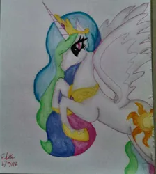 Size: 720x804 | Tagged: artist:lizzyisme, derpibooru import, princess celestia, safe, solo, spread wings, traditional art