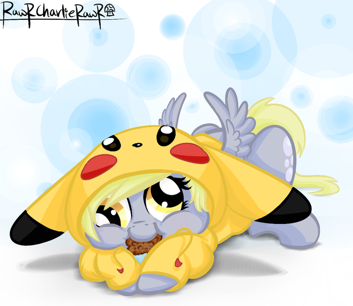 Size: 1080x936 | Tagged: artist:rawrcharlierawr, chubby cheeks, clothes, cosplay, costume, cute, derpabetes, derpibooru import, derpy hooves, food, hoodie, kigurumi, muffin, nintendo, pikachu, pokémon, safe, solo