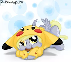 Size: 1080x936 | Tagged: artist:rawrcharlierawr, chubby cheeks, clothes, cosplay, costume, cute, derpabetes, derpibooru import, derpy hooves, food, hoodie, kigurumi, muffin, nintendo, pikachu, pokémon, safe, solo