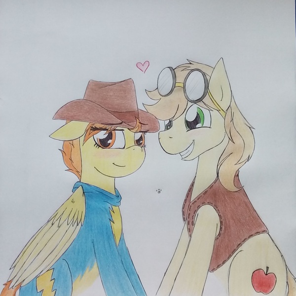 Size: 1893x1893 | Tagged: artist:fernixx, braeburn, crack shipping, derpibooru import, female, male, safe, shipping, spitburn, spitfire, straight, traditional art