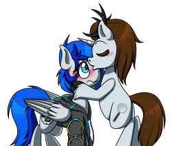 Size: 2955x2500 | Tagged: safe, artist:alittleofsomething, derpibooru import, oc, oc:platinum, oc:sapphire sights, unofficial characters only, pegasus, pony, unideer, blushing, clothes, female, forehead kiss, jacket, kissing, male, oc x oc, shipping, straight