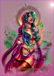 Size: 2827x3990 | Tagged: suggestive, artist:minamikoboyasy, derpibooru import, queen chrysalis, human, breasts, busty queen chrysalis, clothes, female, godiva hair, grin, horned humanization, humanized, magic, robe, smiling, socks, solo, solo female, strategically covered, thigh highs