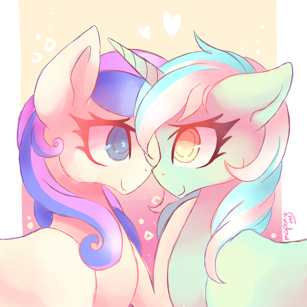 Size: 2317x2316 | Tagged: safe, artist:emberslament, artist:mapony240, derpibooru import, bon bon, lyra heartstrings, sweetie drops, pony, collaboration, female, lesbian, lyrabon, mare, nuzzling, shipping, smiling, starry eyes, wingding eyes