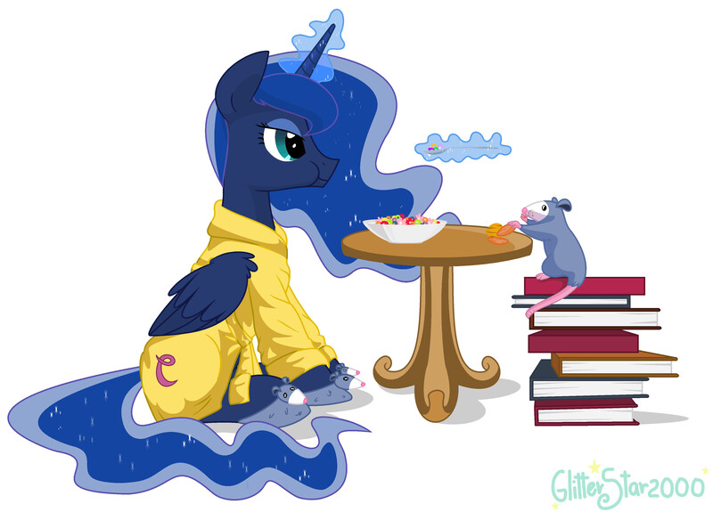 Size: 3928x2824 | Tagged: artist:glitterstar2000, book, breakfast, cereal, clothes, cookie, derpibooru import, food, magic, opossum, princess luna, robe, safe, simple background, slippers, table, telekinesis, tiberius