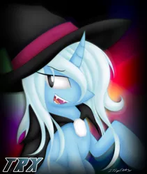 Size: 3497x4140 | Tagged: safe, derpibooru import, trixie, pony, unicorn, absurd resolution, cape, clothes, fangs, female, hair over one eye, hat, mare, open mouth, solo, wizard hat