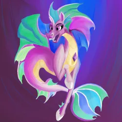 Size: 1000x1000 | Tagged: 4chan, artist needed, colored, derpibooru import, fangs, gradient background, hoers, open mouth, princess celestia, raised hoof, safe, simple background, siren, sirenified, smiling, solo, species swap