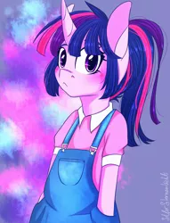 Size: 1300x1700 | Tagged: anthro, artist:silbersternenlicht, blushing, clothes, cute, derpibooru import, dungarees, overalls, safe, signature, solo, twiabetes, twilight sparkle