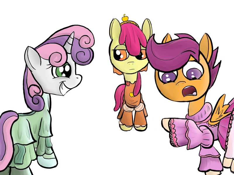 Size: 2000x1500 | Tagged: apple bloom, artist:minosua, clothes, cute, cutie mark crusaders, derpibooru import, dress, dressing, fashion, fashion style, safe, scootaloo, socks, stockings, sweetie belle