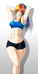Size: 777x1500 | Tagged: abs, arm behind head, armpits, artist:zantyarz, belly button, breasts, busty rainbow dash, clothes, compression shorts, derpibooru import, female, human, humanized, long hair, muscles, ponytail, rainbow dash, rainbuff dash, shorts, solo, solo female, suggestive, tanktop