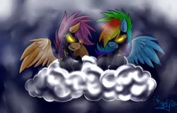 Size: 1400x900 | Tagged: safe, artist:mimy92sonadow, derpibooru import, rainbow dash, scootaloo, clothes, cloud, costume, goggles, shadowbolt dash, shadowbolts, shadowbolts costume, signature