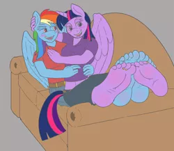 Size: 776x675 | Tagged: safe, artist:arcadias, artist:caroo, derpibooru import, rainbow dash, twilight sparkle, twilight sparkle (alicorn), alicorn, anthro, plantigrade anthro, barefoot, belly button, colored sketch, feet, female, foot fetish, foot focus, footsie, lesbian, midriff, shipping, simple background, snuggling, soles, toe ring, toes, twidash