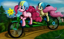 Size: 4000x2500 | Tagged: safe, artist:deathpwny, derpibooru import, derpy hooves, fluttershy, pinkie pie, oc, pegasus, pony, andrea libman, bicycle, female, fundraiser, helmet, mare, ride to conquer cancer