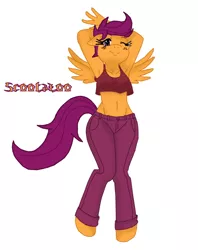 Size: 900x1137 | Tagged: anthro, armpits, artist:fluttershysone, artist:ss2sonic, clothes, derpibooru import, female, jeans, midriff, pants, scootaloo, solo, solo female, suggestive, tanktop