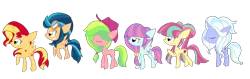 Size: 6000x1900 | Tagged: safe, artist:luckyclau, derpibooru import, indigo zap, lemon zest, sour sweet, sugarcoat, sunny flare, sunset shimmer, ponified, alicorn, pony, equestria girls, alicornified, alternate mane six, alternate universe, equestria girls ponified, race swap, shimmercorn