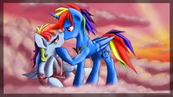 Size: 1600x900 | Tagged: safe, artist:rulsis, derpibooru import, rainbow dash, oc, oc:rainbowblazie, alicorn, pony, alicorn oc, canon x oc, clothes, cloud, female, kissing, male, muscles, sad, shipping, side, sky, straight, sunset